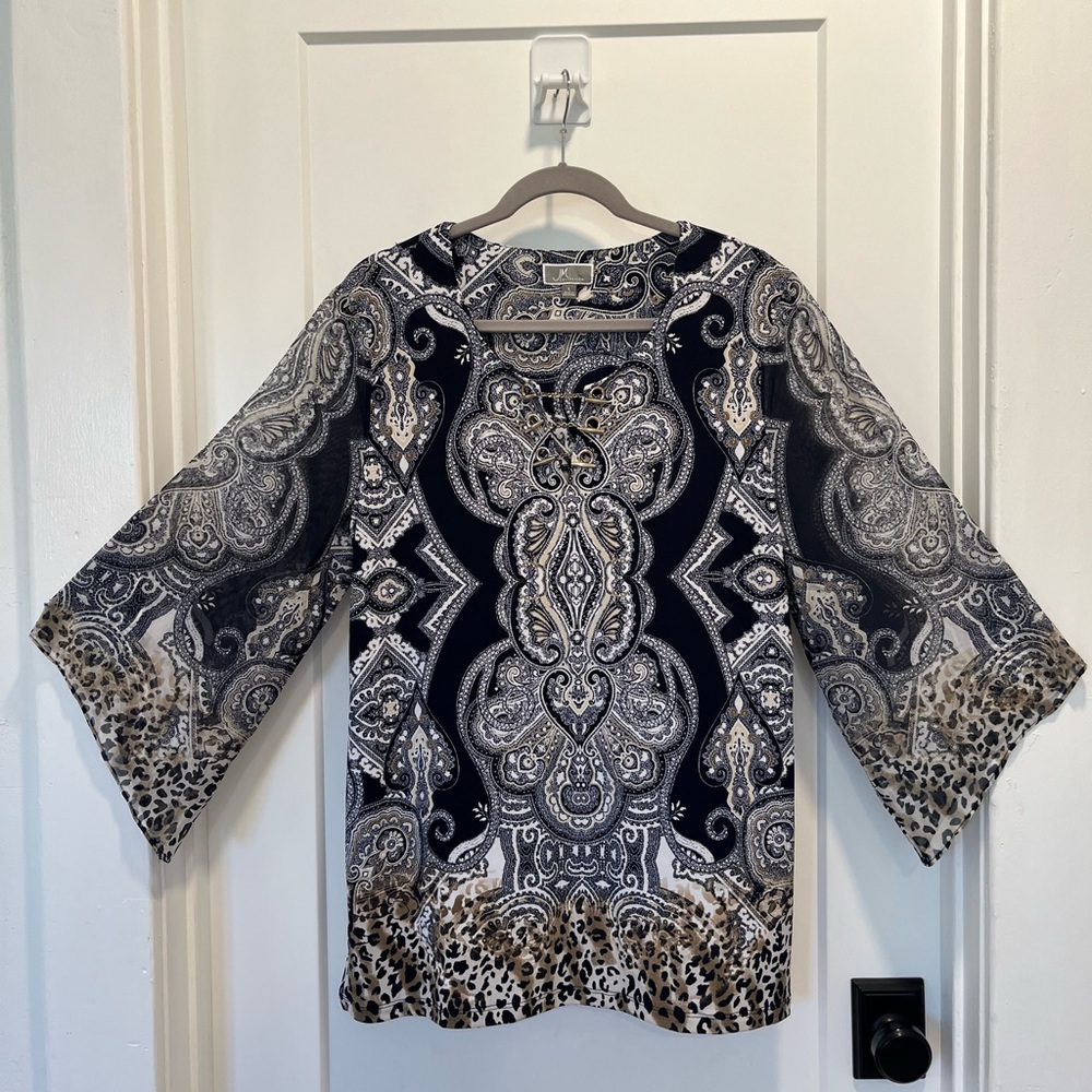 JM Collection EUC Black Paisley / Leopard Print Blouse 3/4 sleeves Size L